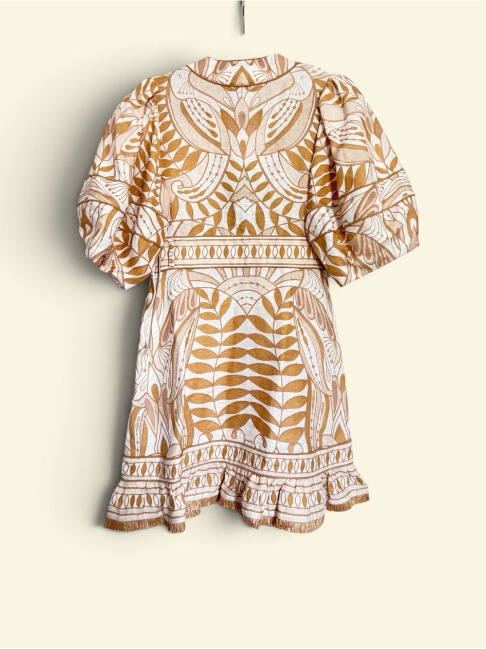 FARM Rio White and Tan Printed Puff-Sleeve Mini Dress New With Tags $280 Size Sm - Picture 2 of 3